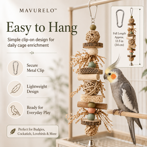 MAVURELO™ FeatherQuest Bird Foraging Toy – Natural Hanging Enrichment Toy for Budgies, Cockatiels, Lovebirds and Small Parrots