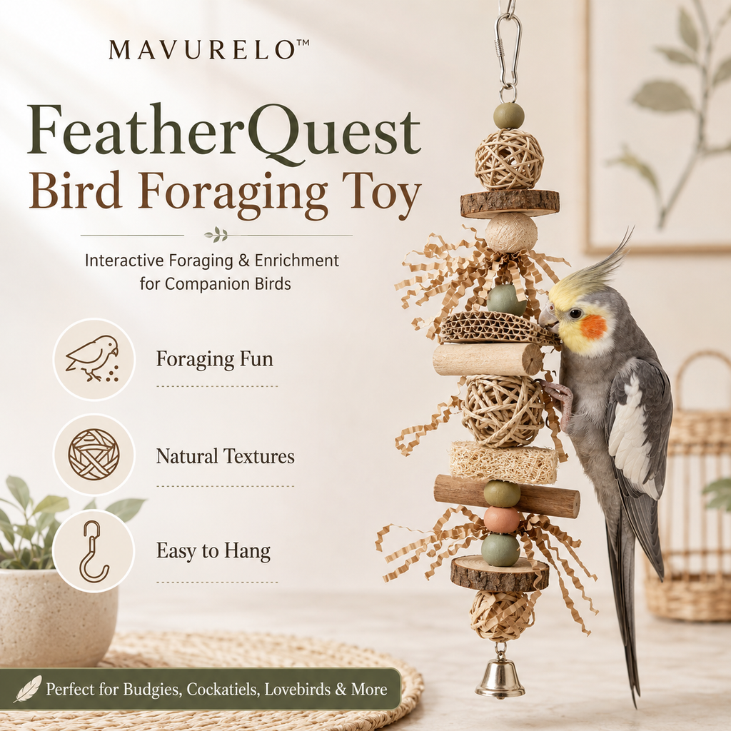 MAVURELO™ FeatherQuest Bird Foraging Toy – Natural Hanging Enrichment Toy for Budgies, Cockatiels, Lovebirds and Small Parrots