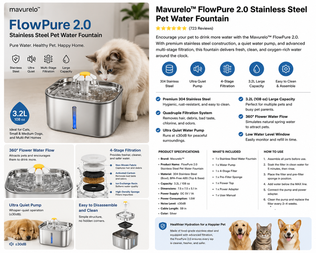 Mavurelo™ FlowPure 2.0 Stainless Steel Pet Water Fountain