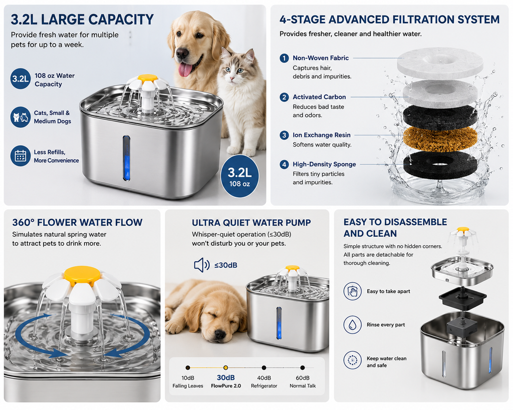 Mavurelo™ FlowPure 2.0 Stainless Steel Pet Water Fountain