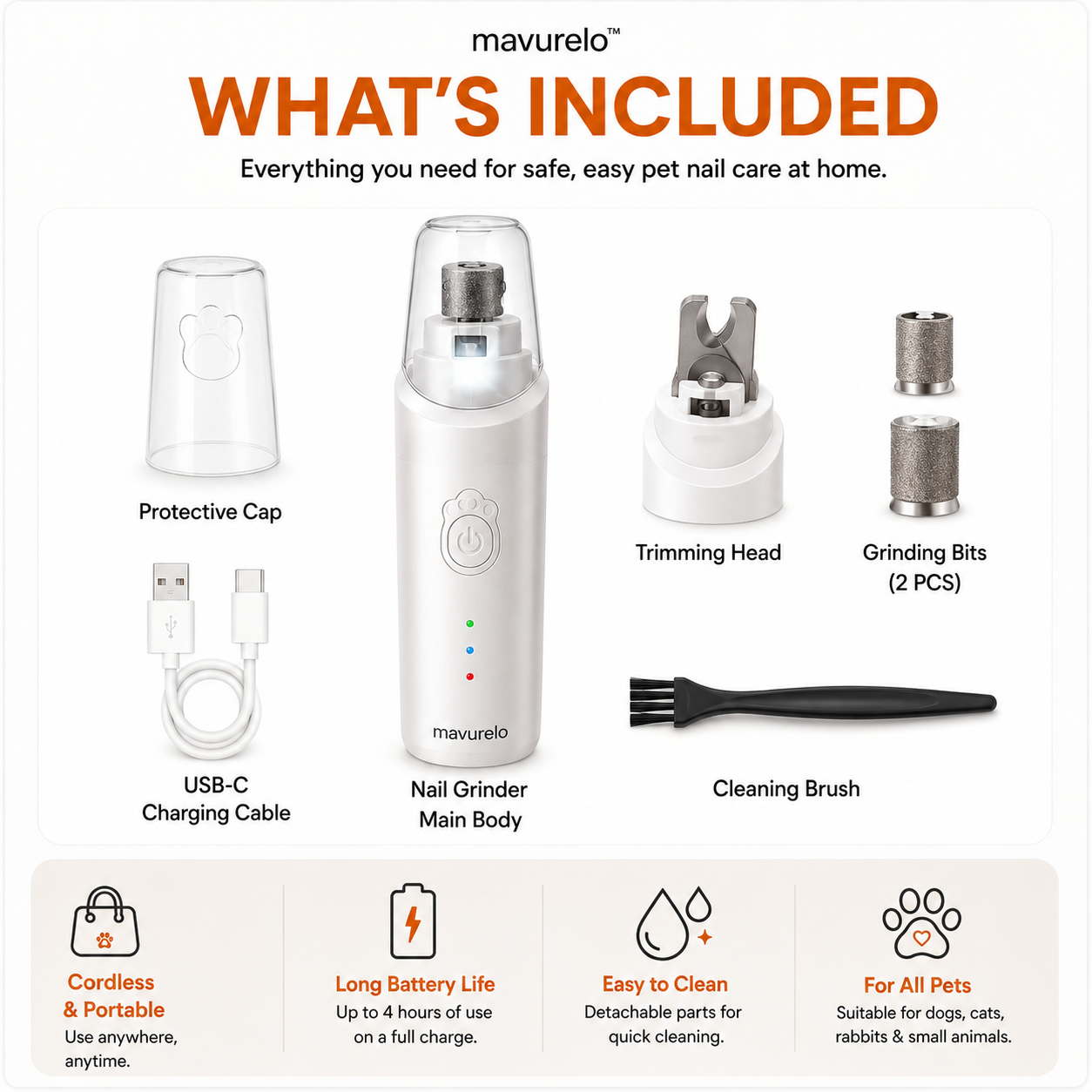 Mavurelo™ PawTrim Pro 3-in-1 LED Pet Nail Grinder &amp; Trimmer – Low-Noise USB-C Rechargeable Nail Care Tool