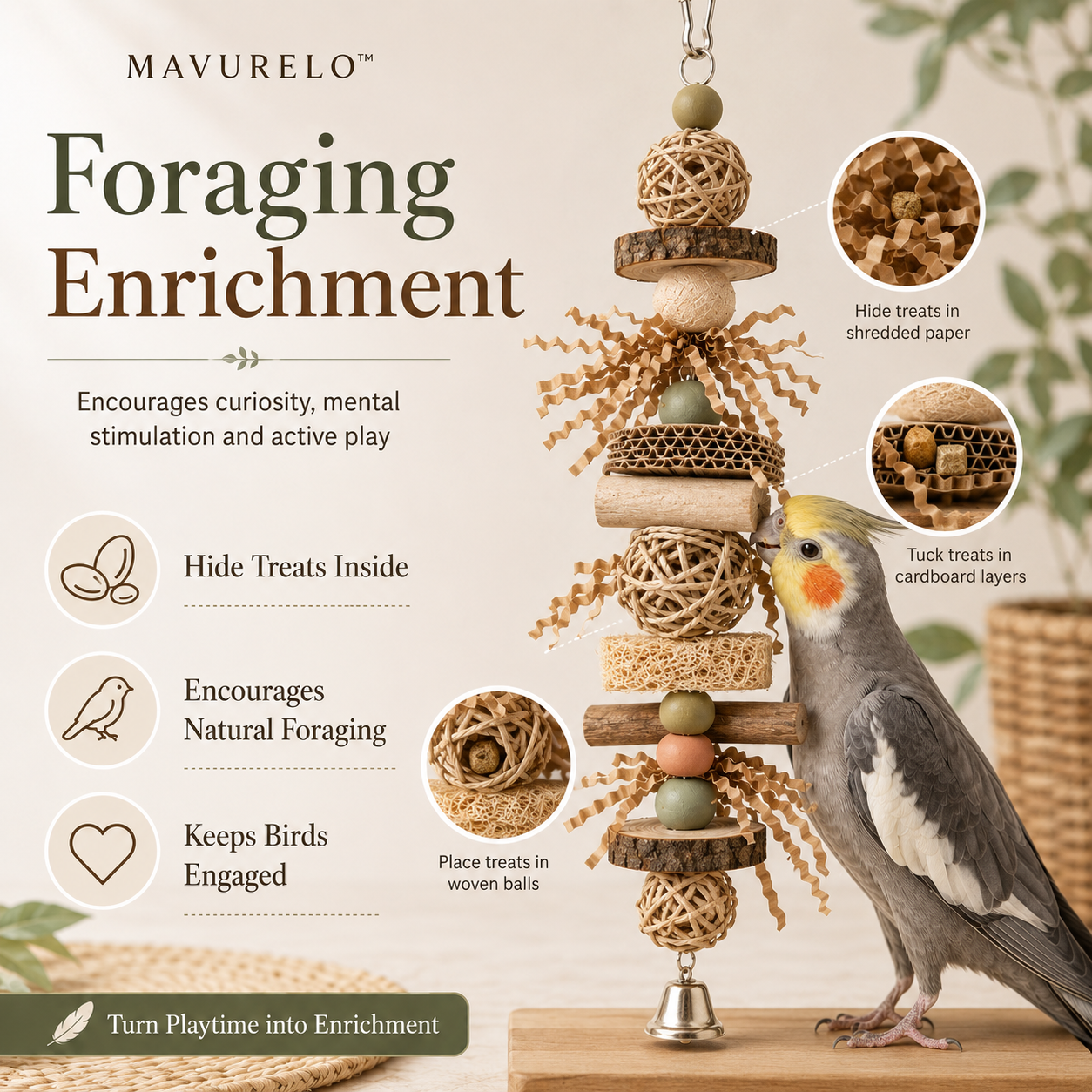 MAVURELO™ FeatherQuest Bird Foraging Toy – Natural Hanging Enrichment Toy for Budgies, Cockatiels, Lovebirds and Small Parrots