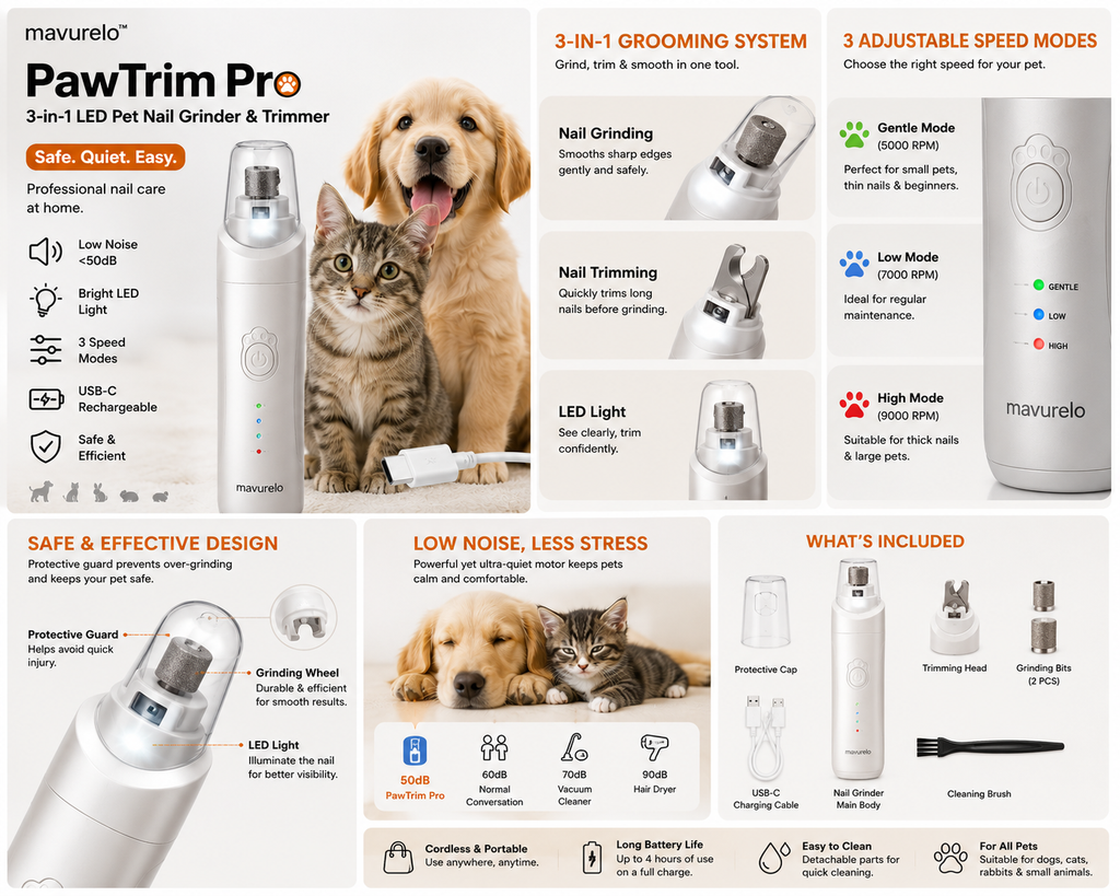 Mavurelo™ PawTrim Pro 3-in-1 LED Pet Nail Grinder &amp; Trimmer – Low-Noise USB-C Rechargeable Nail Care Tool