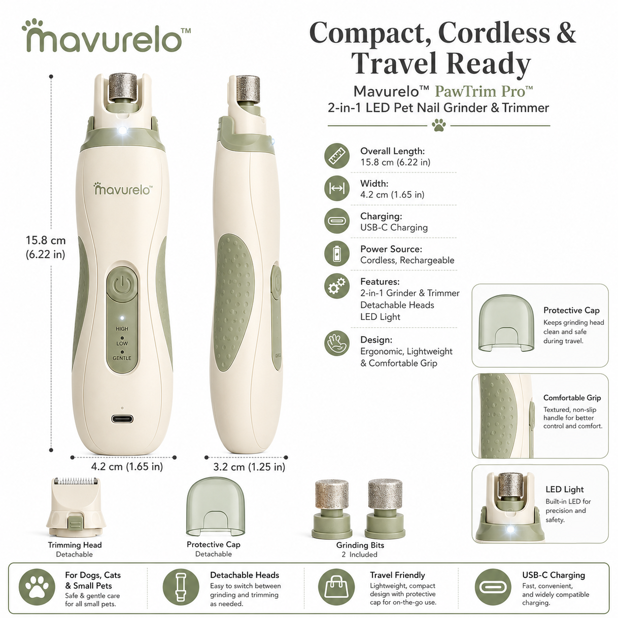 Mavurelo™ PawTrim Pro 3-in-1 LED Pet Nail Grinder & Trimmer