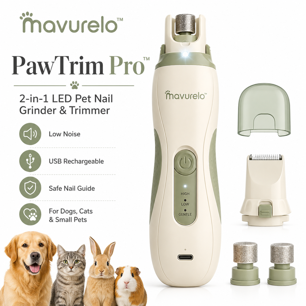 Mavurelo™ PawTrim Pro 3-in-1 LED Pet Nail Grinder & Trimmer