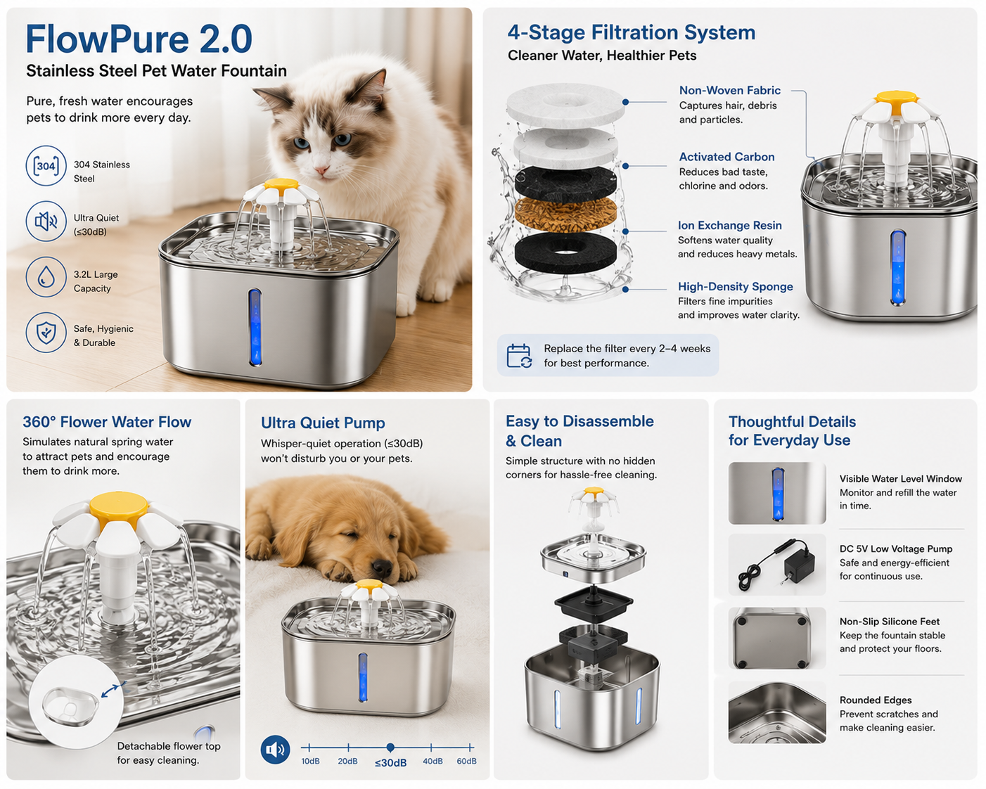 Mavurelo™ FlowPure 2.0 Stainless Steel Pet Water Fountain