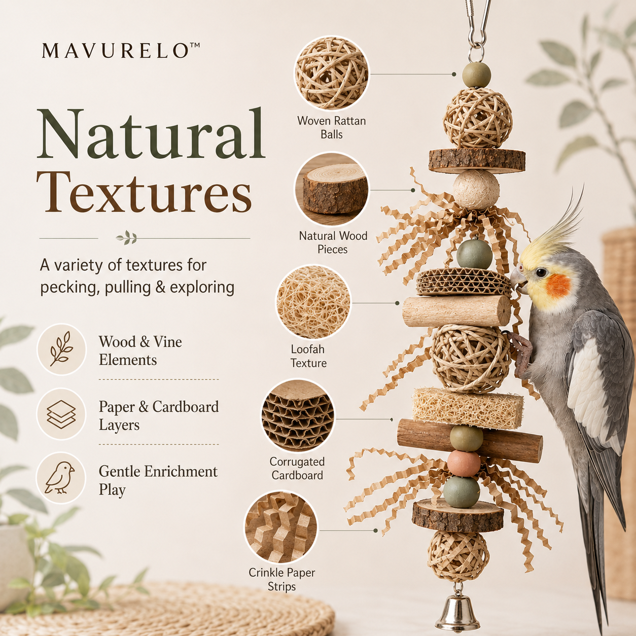 MAVURELO™ FeatherQuest Bird Foraging Toy – Natural Hanging Enrichment Toy for Budgies, Cockatiels, Lovebirds and Small Parrots