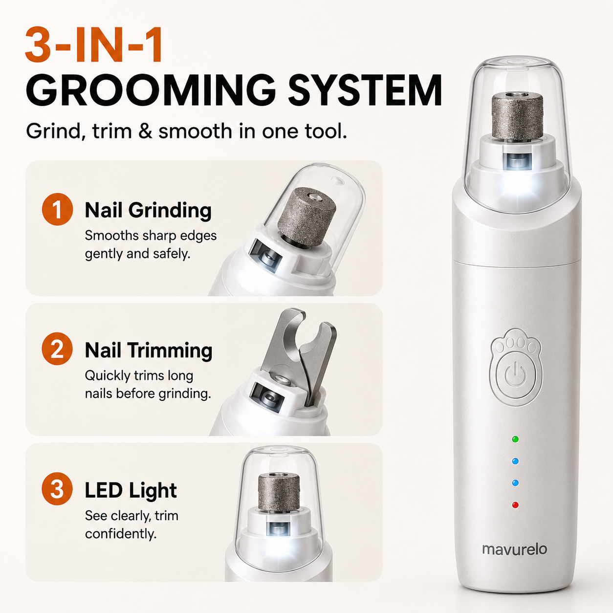 Mavurelo™ PawTrim Pro 3-in-1 LED Pet Nail Grinder &amp; Trimmer – Low-Noise USB-C Rechargeable Nail Care Tool