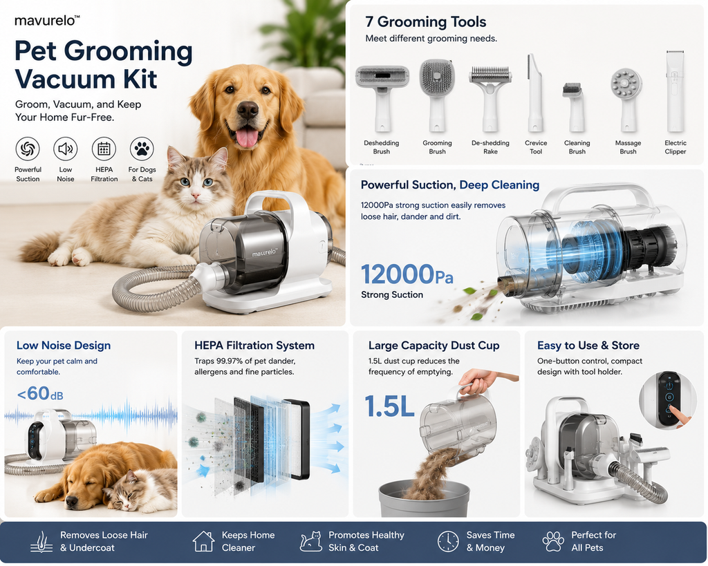 Mavurelo™ FurGuard Pro Pet Grooming Vacuum Kit – 7-in-1 Low-Noise Grooming and Shedding System for Dogs and Cats